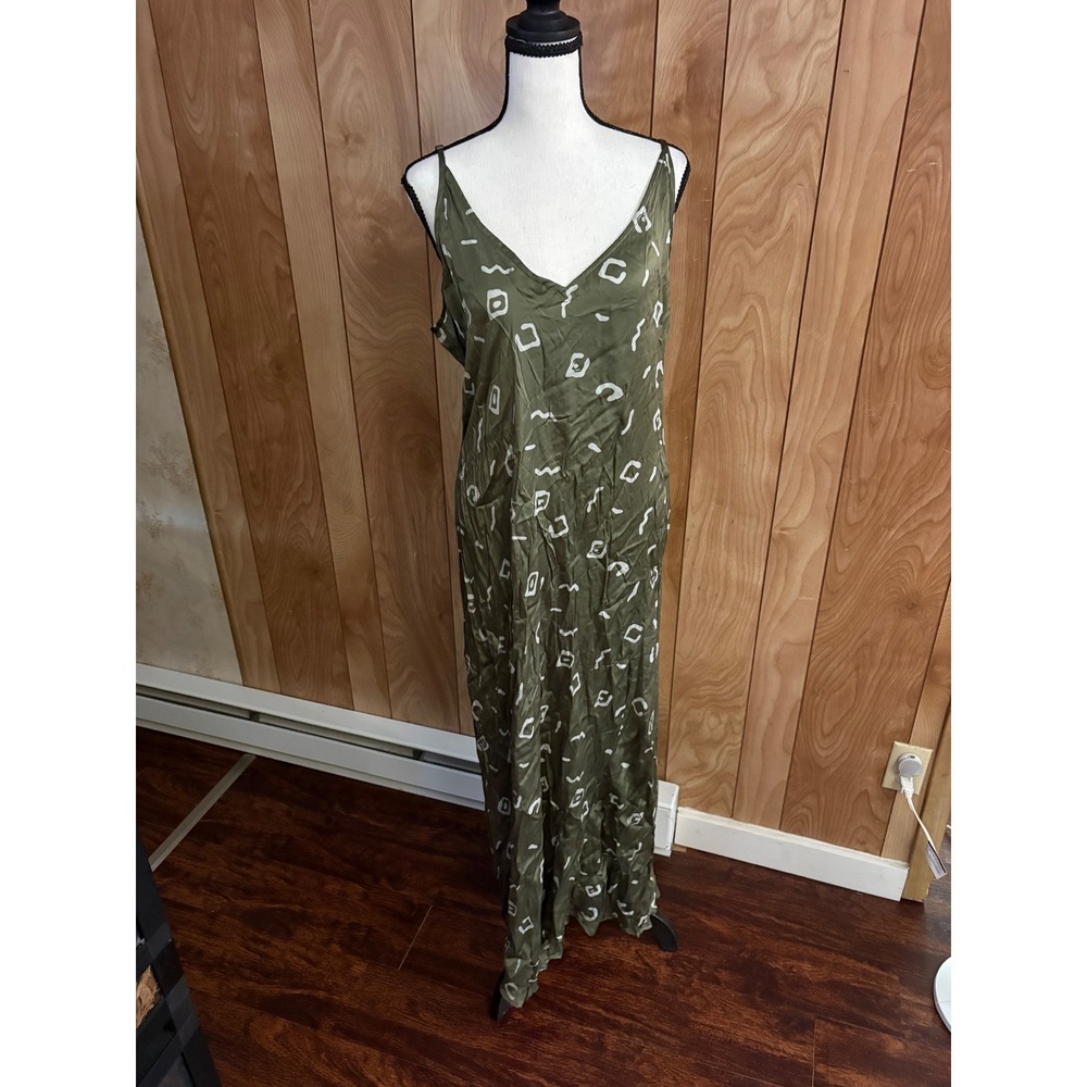 Rujuta Sheth New York Olive Green Abstract Print Cupro Maxi Slip Dress XL Womens